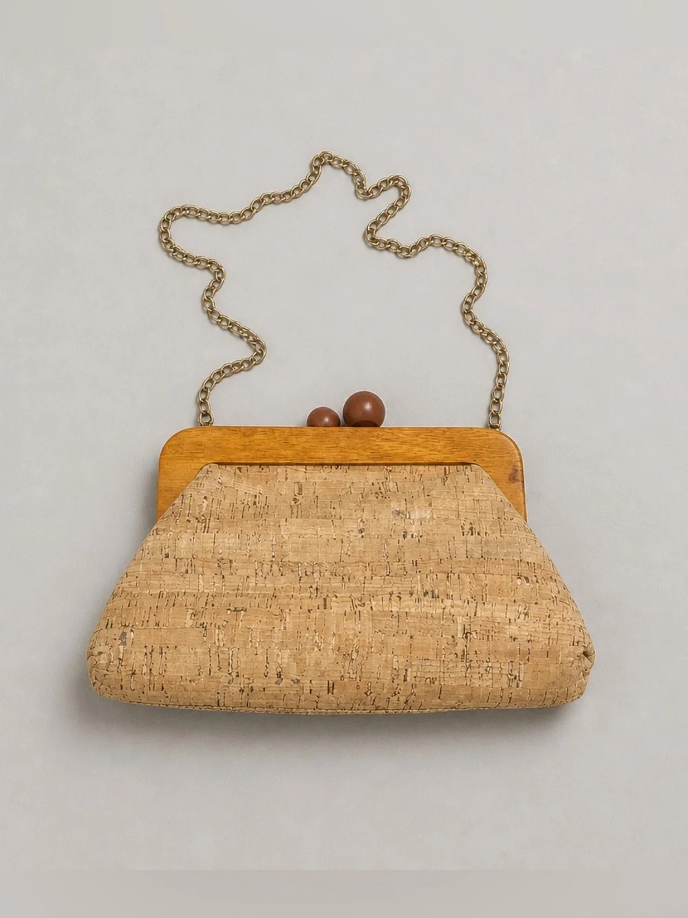 Vintage Natural Cork Frame Crossbody Bag with Wooden Accents